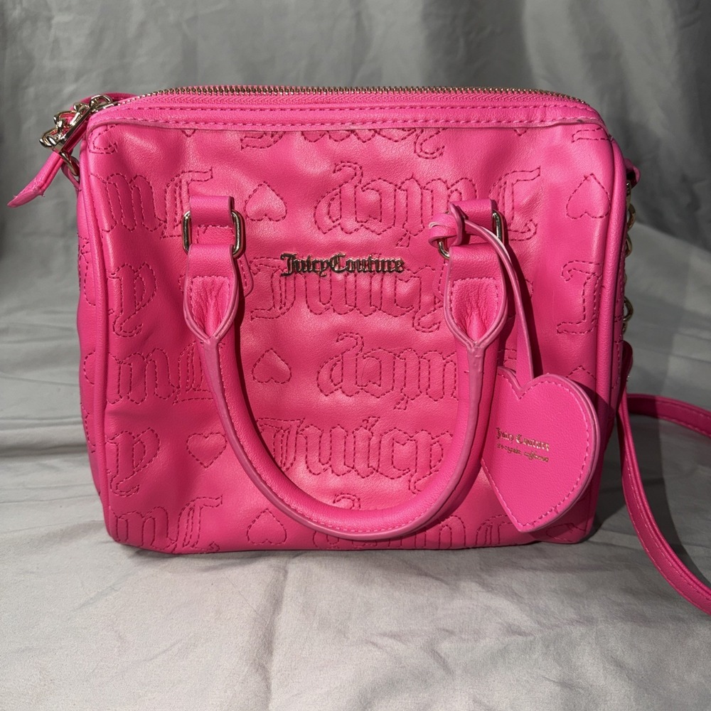Juicy Couture Hot Pink Embossed Logo Dome Satchel Crossbody Purse with Heart Tag
